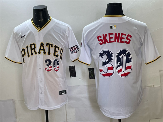 Men's Pittsburgh Pirates #30 Paul Skenes White USA 250 Fourth of July Stitched Baseball Jersey